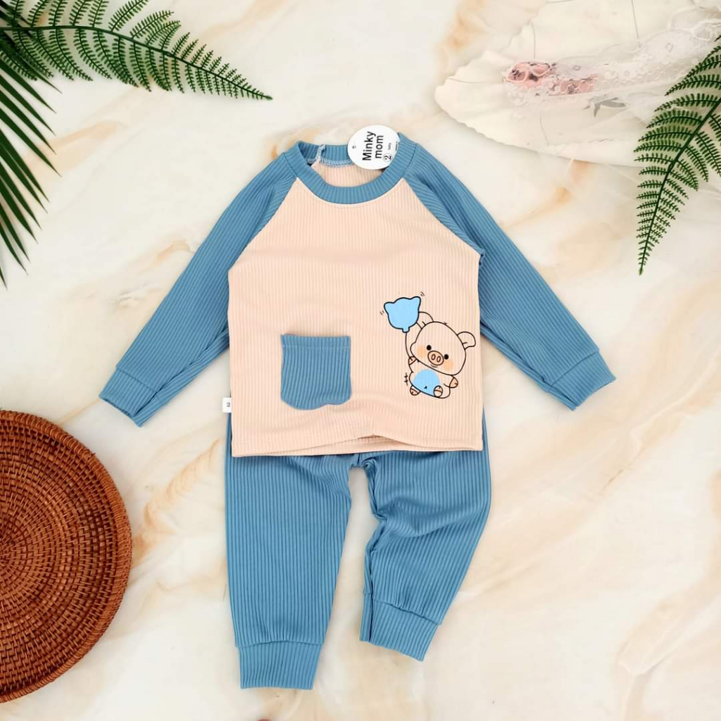 Bộ len tăm cho bé túi thật in hình thú Minkeymom, Bộ thu đông cho bé trai bé gái