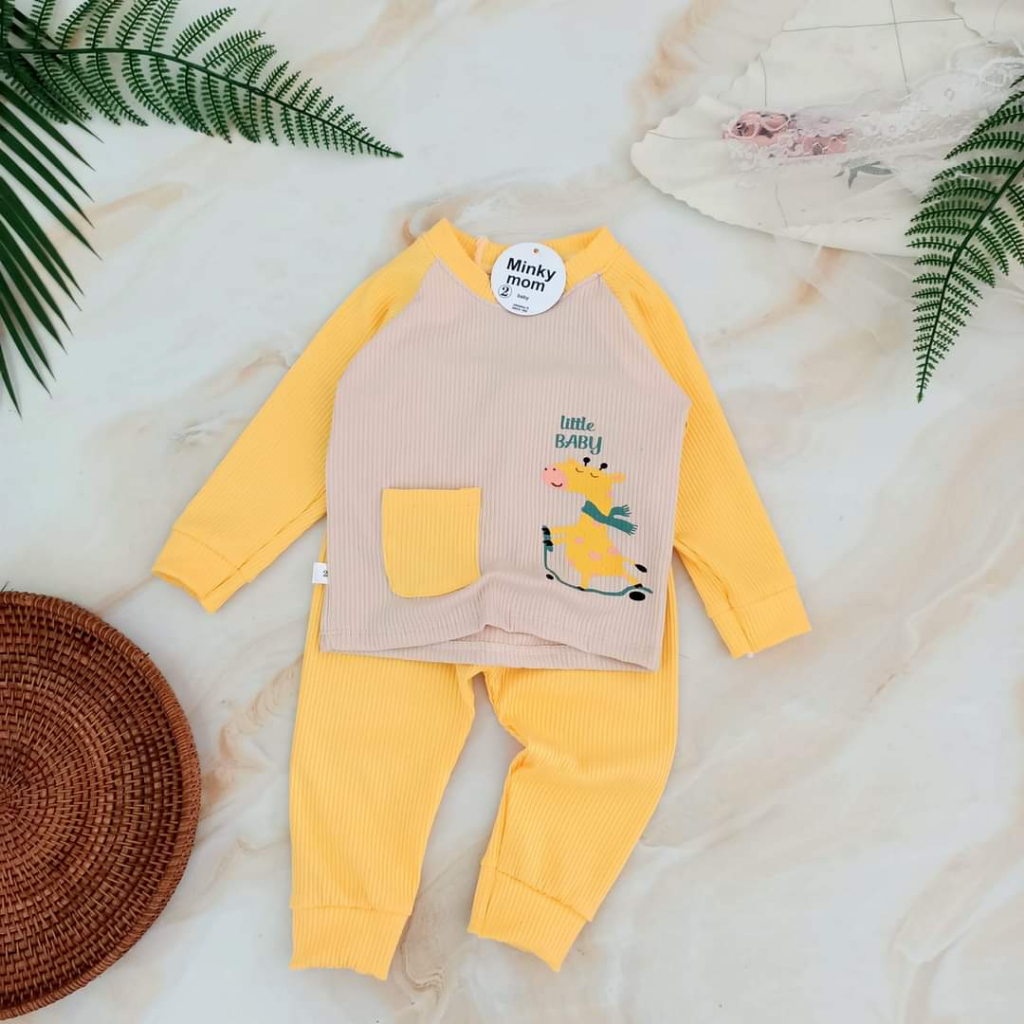 Bộ len tăm cho bé túi thật in hình thú Minkeymom, Bộ thu đông cho bé trai bé gái