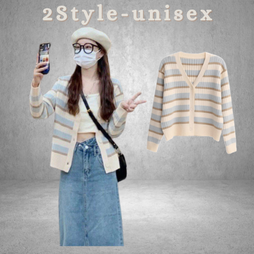 Áo cardigan dáng ngắn phối kẻ sọc màu cầu vồng, Cardigan len vải dày dặn form nhỏ xinh đa phong cách 2 style_unisex