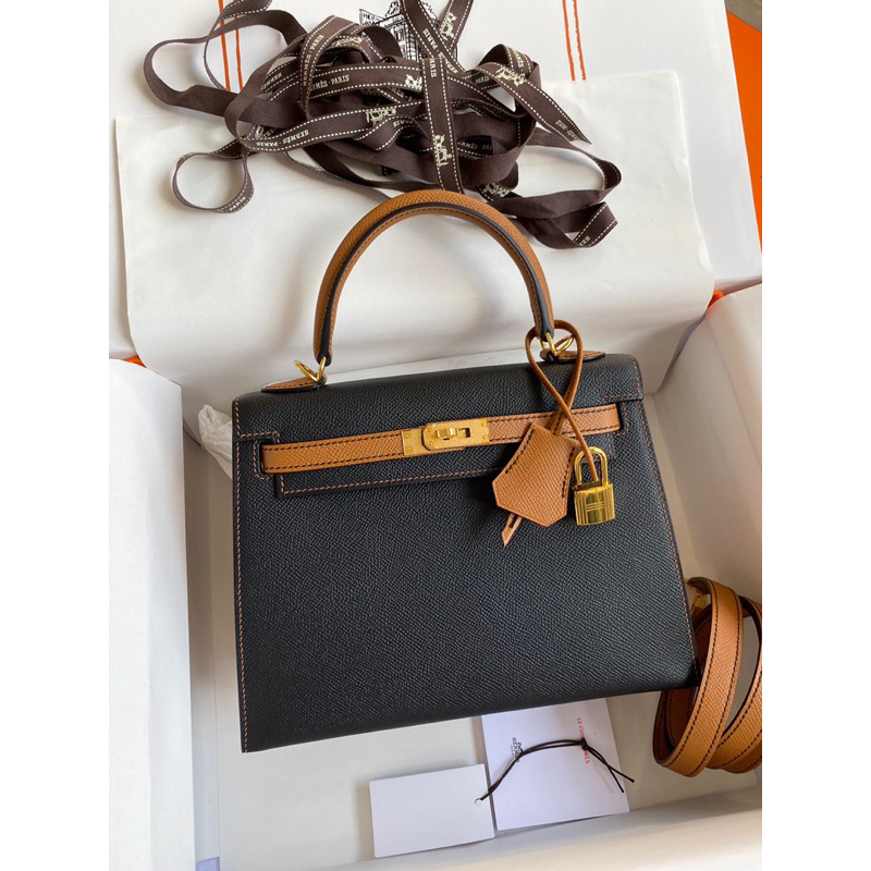 Túi xách HM Kelly size 22 cm da epsom, màu nâu đen. Túi da thật full box chất lượng tốt