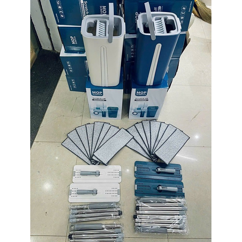 Bộ cây lau nhà tự vắt thông minh 2 cây lau tặng kèm 8 bông lau kèm thùng vắt lau sạch mọi ngóc ngách