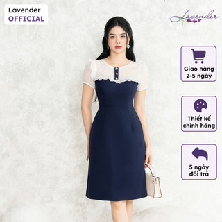 Đầm công sở thiết kế LAVENDER màu xanh than thiết kế phối ngực voan tơ trắng D2907