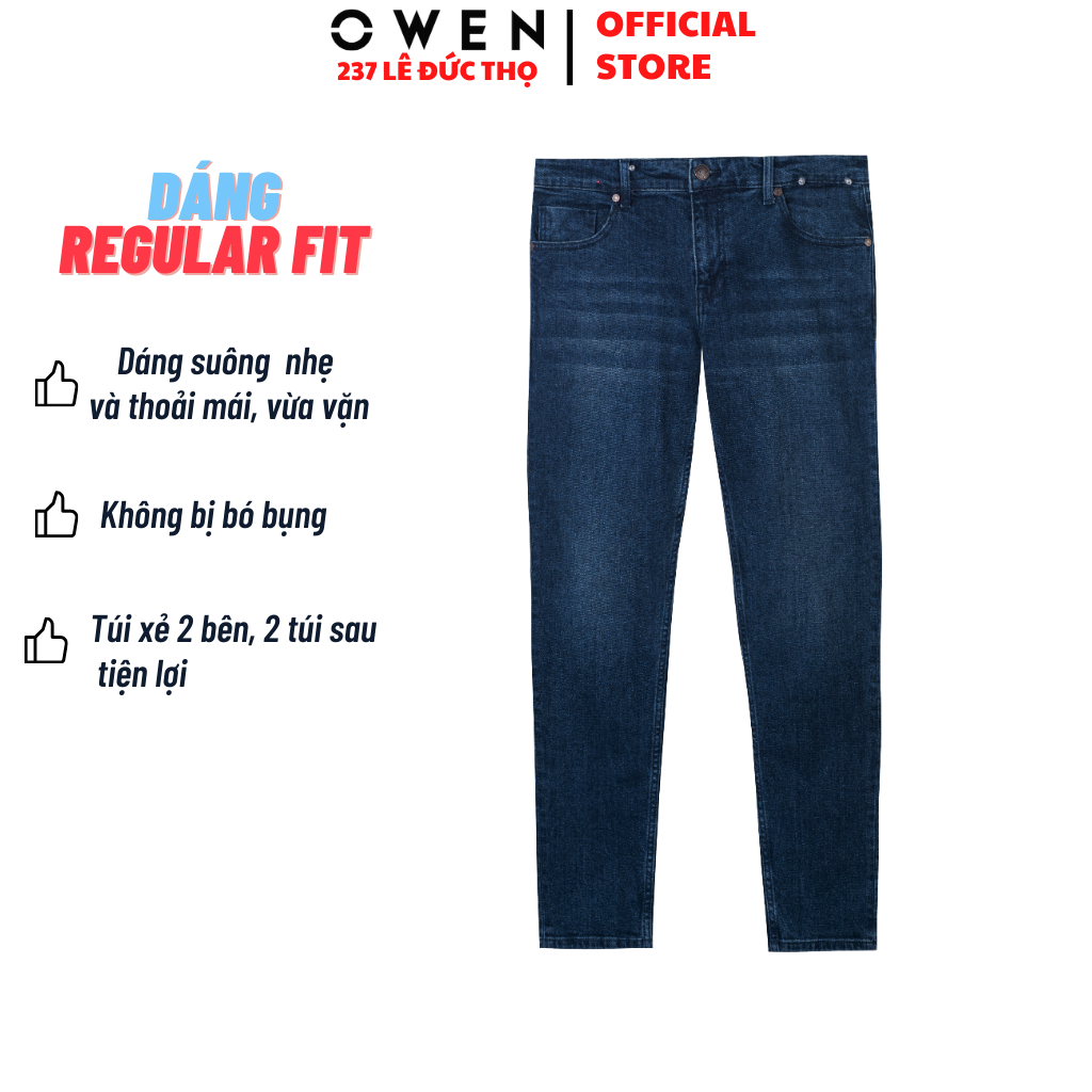 Quần jean nam Owen QJS230156 quần bò hàng hiệu màu xanh trung chất liệu cotton denim cao cấp form slim fit ôm vừa