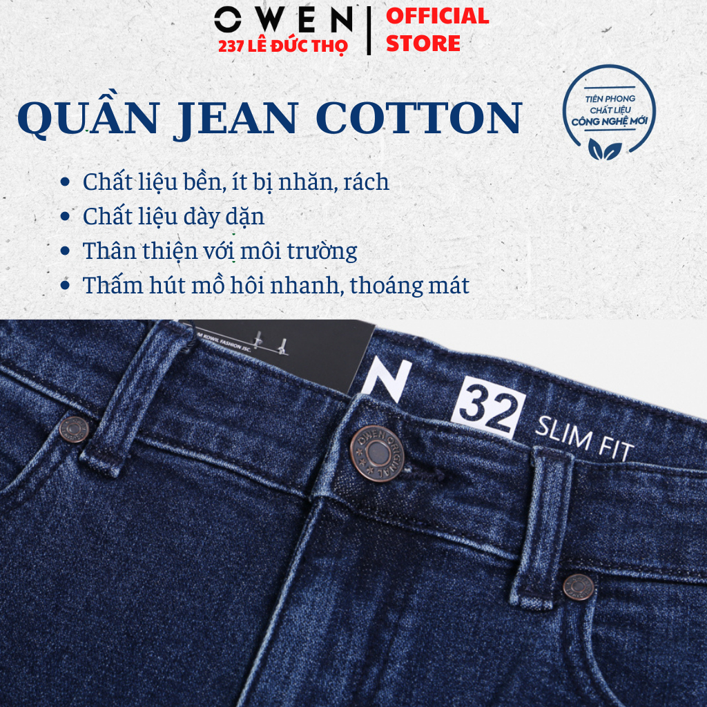 Quần jean nam Owen QJS230156 quần bò hàng hiệu màu xanh trung chất liệu cotton denim cao cấp form slim fit ôm vừa