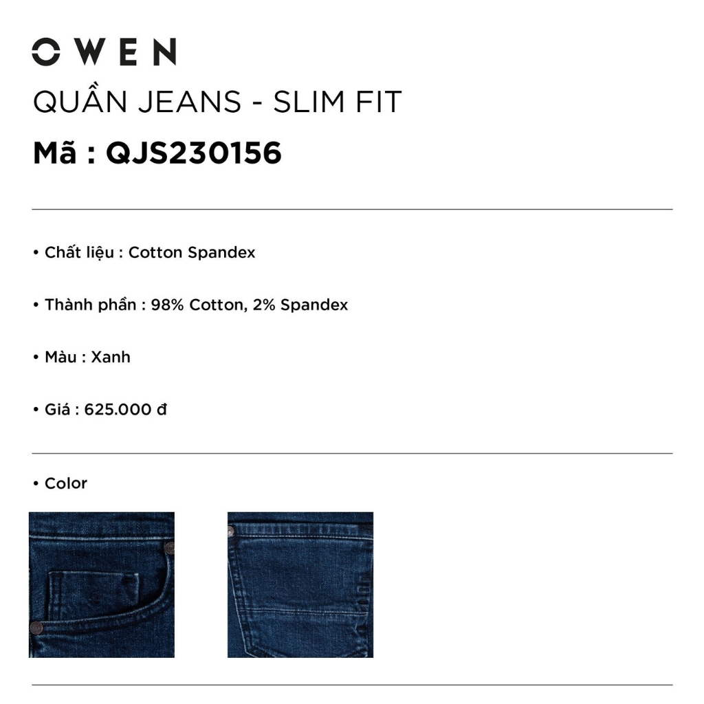 Quần jean nam Owen QJS230156 quần bò hàng hiệu màu xanh trung chất liệu cotton denim cao cấp form slim fit ôm vừa