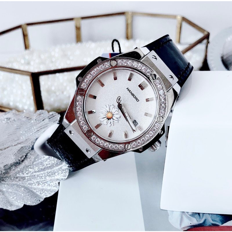 Đồng hồ nữ Hanboro H699L đính đá bản Hoa Cúc 36mm, Dây cao su, Authentic, fullbox, Luxury diamond watch