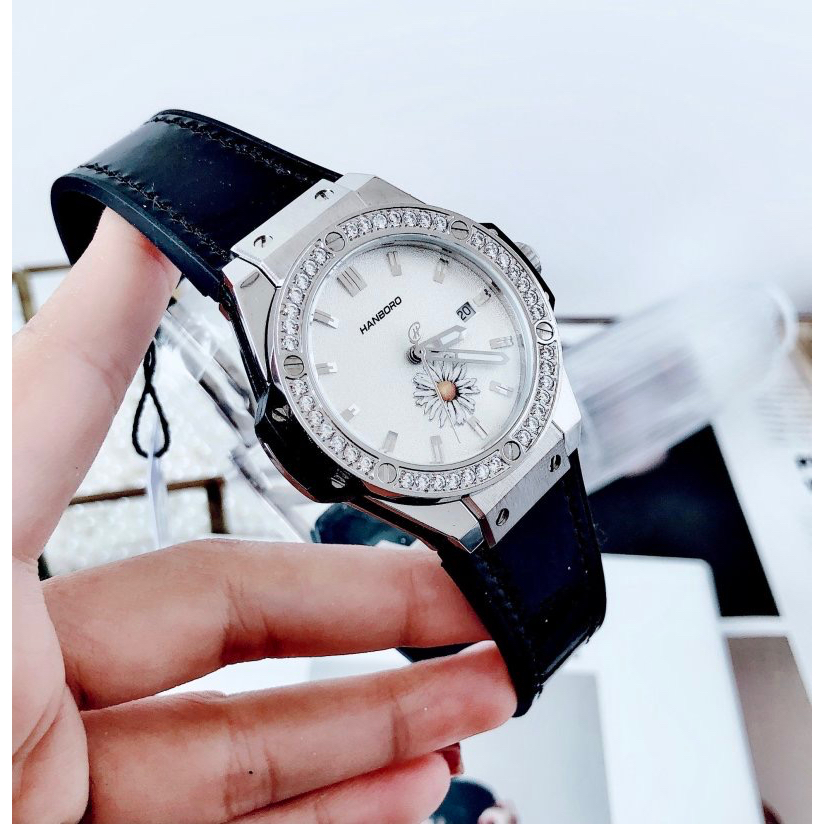 Đồng hồ nữ Hanboro H699L đính đá bản Hoa Cúc 36mm, Dây cao su, Authentic, fullbox, Luxury diamond watch