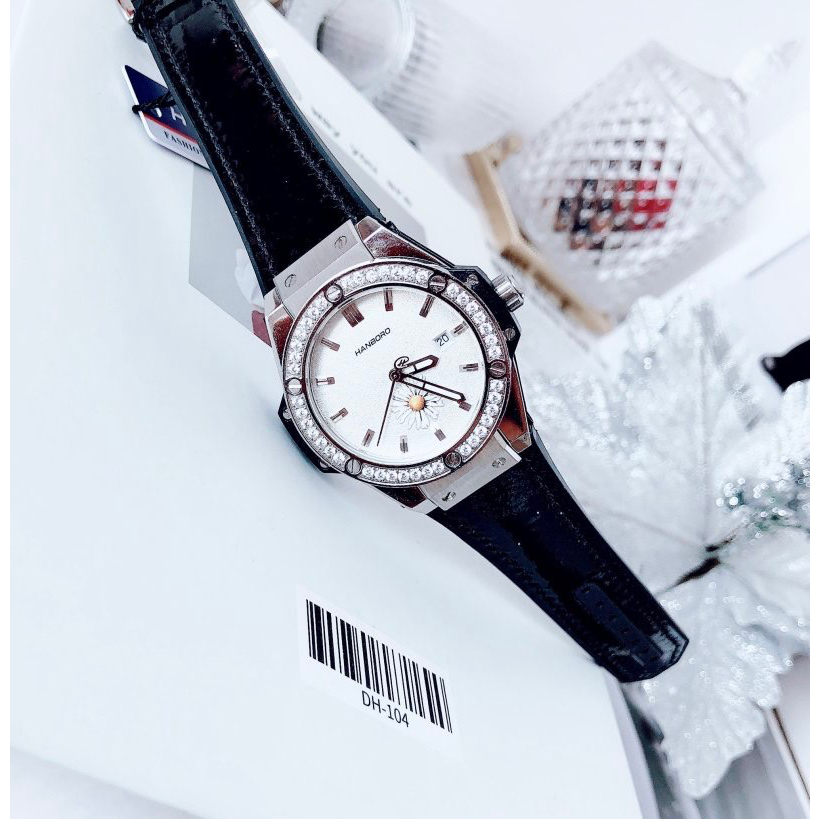 Đồng hồ nữ Hanboro H699L đính đá bản Hoa Cúc 36mm, Dây cao su, Authentic, fullbox, Luxury diamond watch