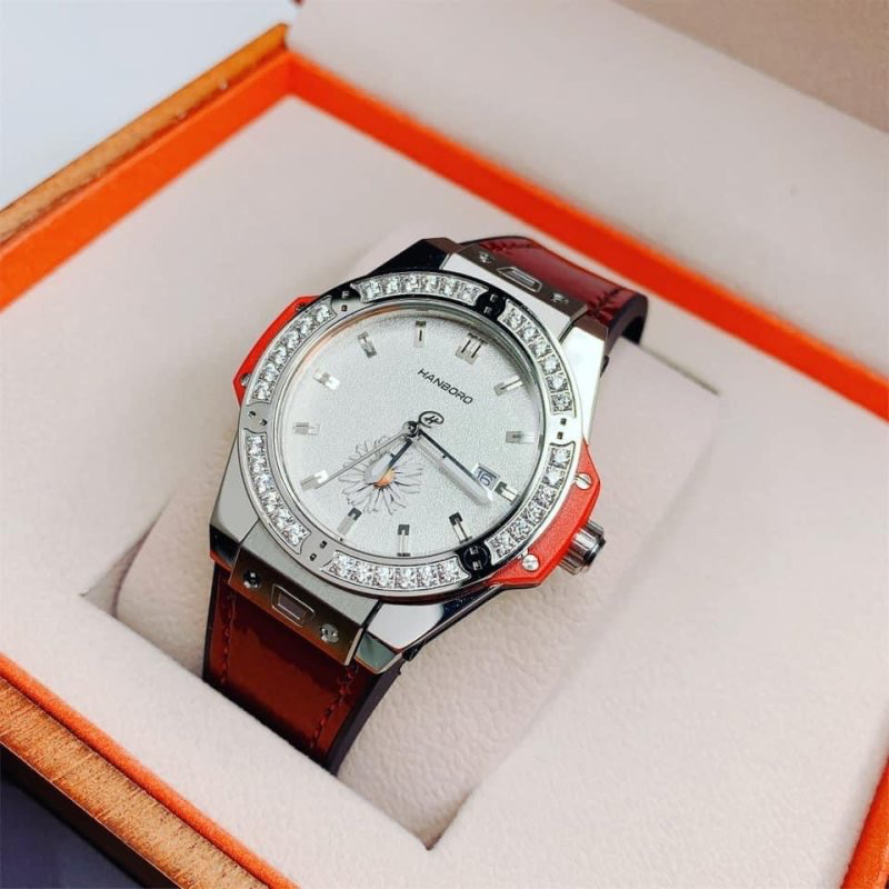 Đồng hồ nữ Hanboro H699L đính đá bản Hoa Cúc 36mm, Dây cao su, Authentic, fullbox, Luxury diamond watch