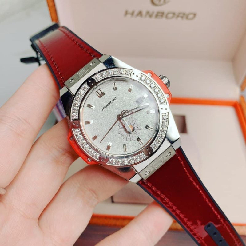 Đồng hồ nữ Hanboro H699L đính đá bản Hoa Cúc 36mm, Dây cao su, Authentic, fullbox, Luxury diamond watch