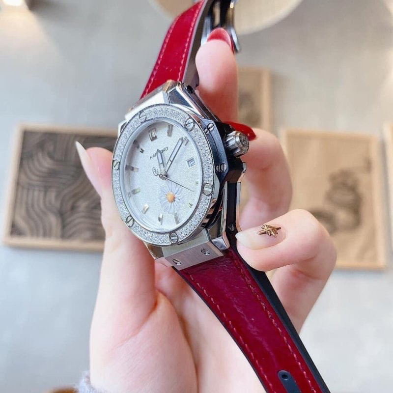 Đồng hồ nữ Hanboro H699L đính đá bản Hoa Cúc 36mm, Dây cao su, Authentic, fullbox, Luxury diamond watch