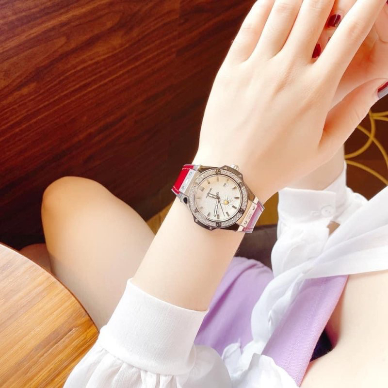 Đồng hồ nữ Hanboro H699L đính đá bản Hoa Cúc 36mm, Dây cao su, Authentic, fullbox, Luxury diamond watch