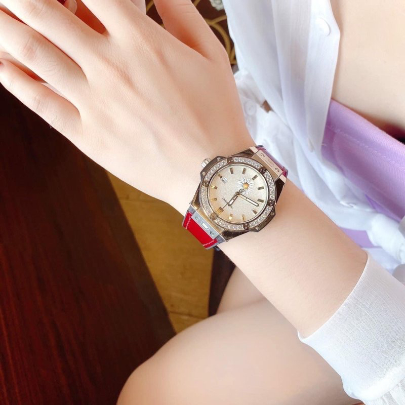 Đồng hồ nữ Hanboro H699L đính đá bản Hoa Cúc 36mm, Dây cao su, Authentic, fullbox, Luxury diamond watch