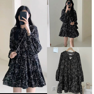   NEW ĐẦM HOA NHÍ BABYDOLL ĐEN DÀI TAY NHÚN LI VAI style Ulzzang 