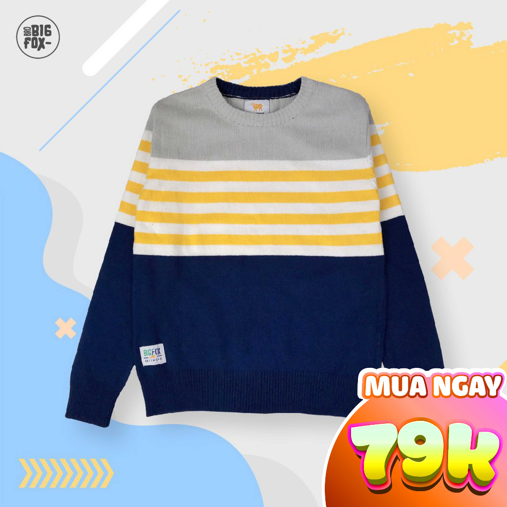 Áo Len Cotton Cho Bé Trai Bigfox Size Đại. Áo Len Cotton cổ Tròn Phối Kẻ Trẻ Em Teen Boy
