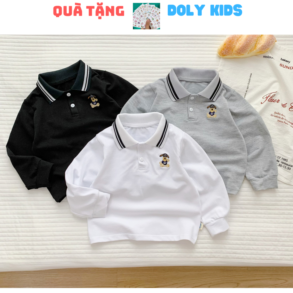 Áo polo cho bé trai, áo dài tay thu đông cho bé trai Thêu Nổi Chú Chó Dễ Thương DOLY KIDS từ 10kg đến 26kg