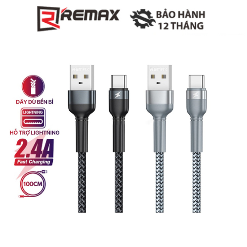 Cáp sạc nhanh cổng Type C Remax RC-124a Data Jany Series thân bọc kim loại Max 2.4A