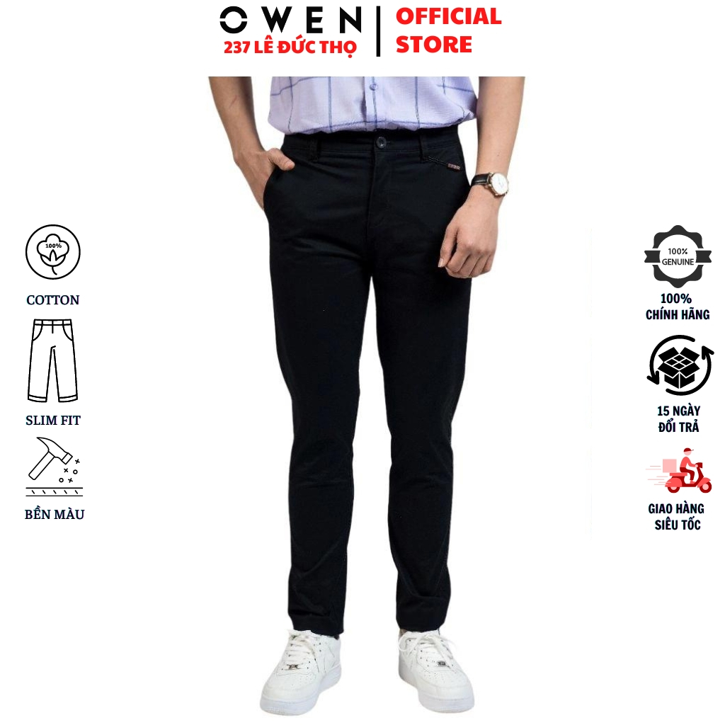 Quần kaki nam Owen QKSL23627 khaki công sở màu đen dài chân dáng slim fit ôm nhẹ vải thô cotton cao cấp mềm mát