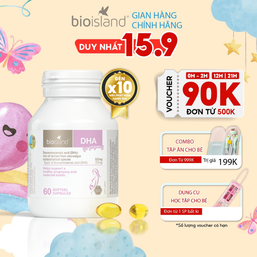 Viên vitamin bầu DHA Bioisland 60 viên phát triển trí não thai nhi, bé thông minh khỏe mạnh, hỗ trợ sáng mắt