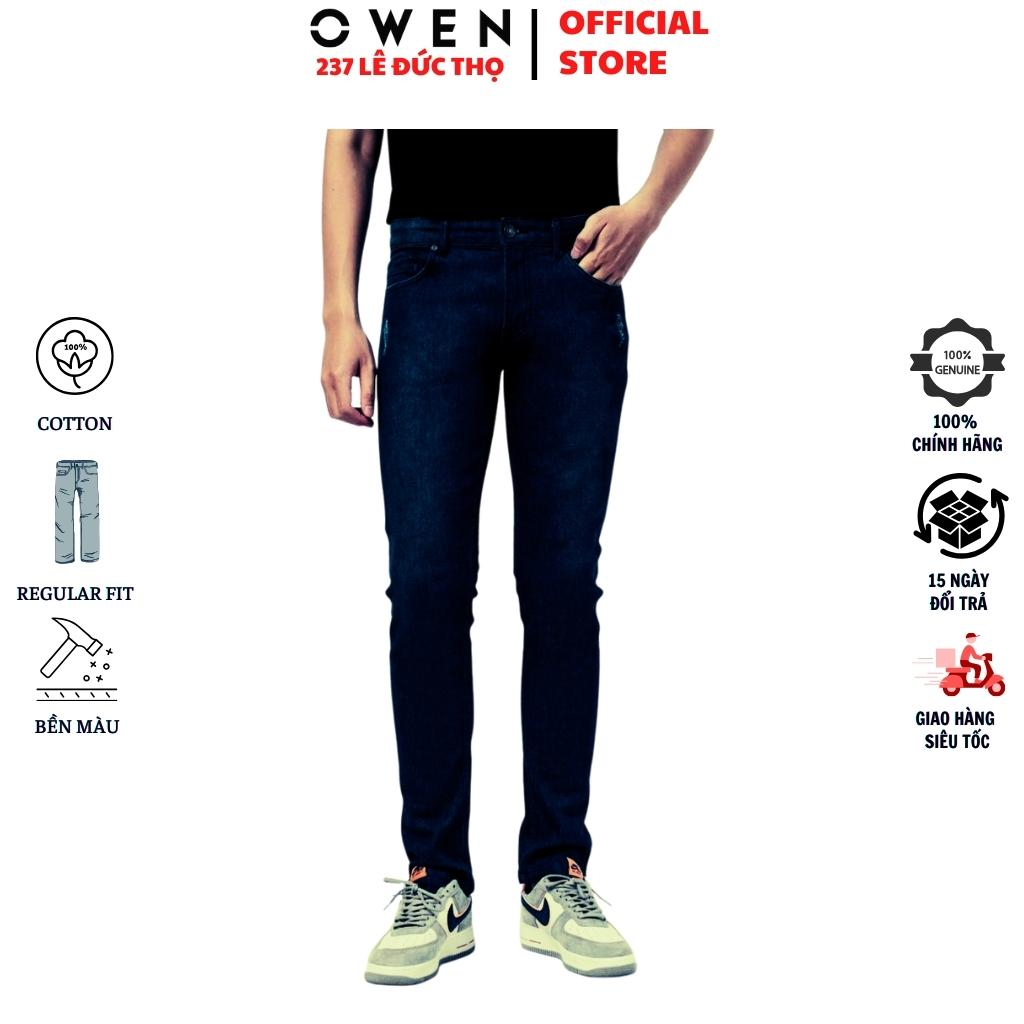 Quần jean nam cao cấp chính hãng Owen QJSL23055 màu xanh đậm trơn vải bò denim cotton bền đàn hồi tốt dáng slim fit