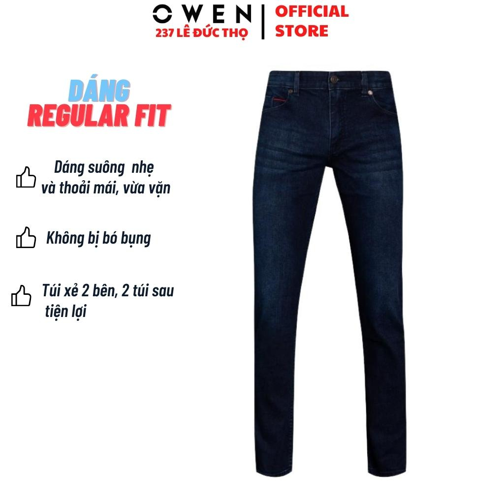 Quần jean nam cao cấp chính hãng Owen QJSL23055 màu xanh đậm trơn vải bò denim cotton bền đàn hồi tốt dáng slim fit