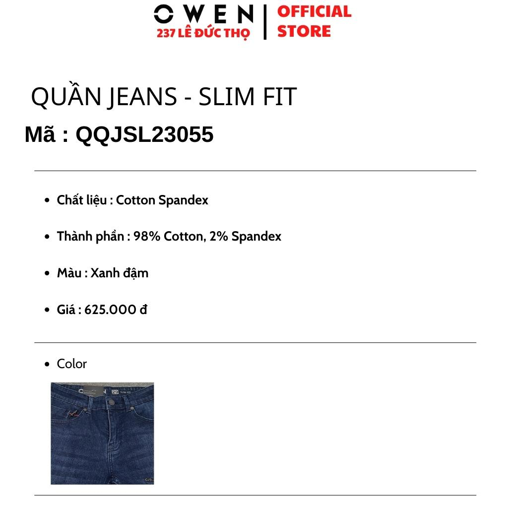 Quần jean nam cao cấp chính hãng Owen QJSL23055 màu xanh đậm trơn vải bò denim cotton bền đàn hồi tốt dáng slim fit
