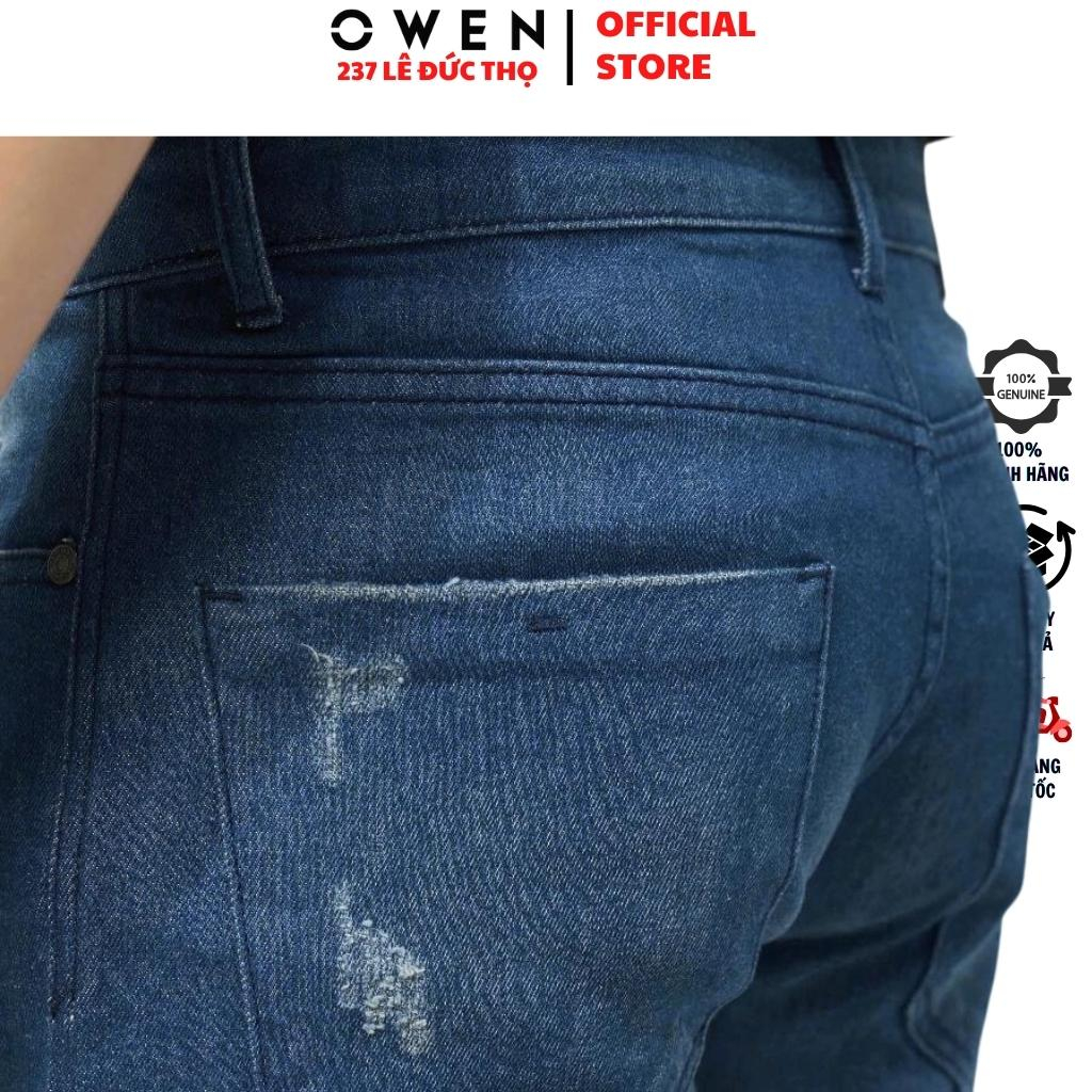 Quần jean nam cao cấp chính hãng Owen QJSL23055 màu xanh đậm trơn vải bò denim cotton bền đàn hồi tốt dáng slim fit
