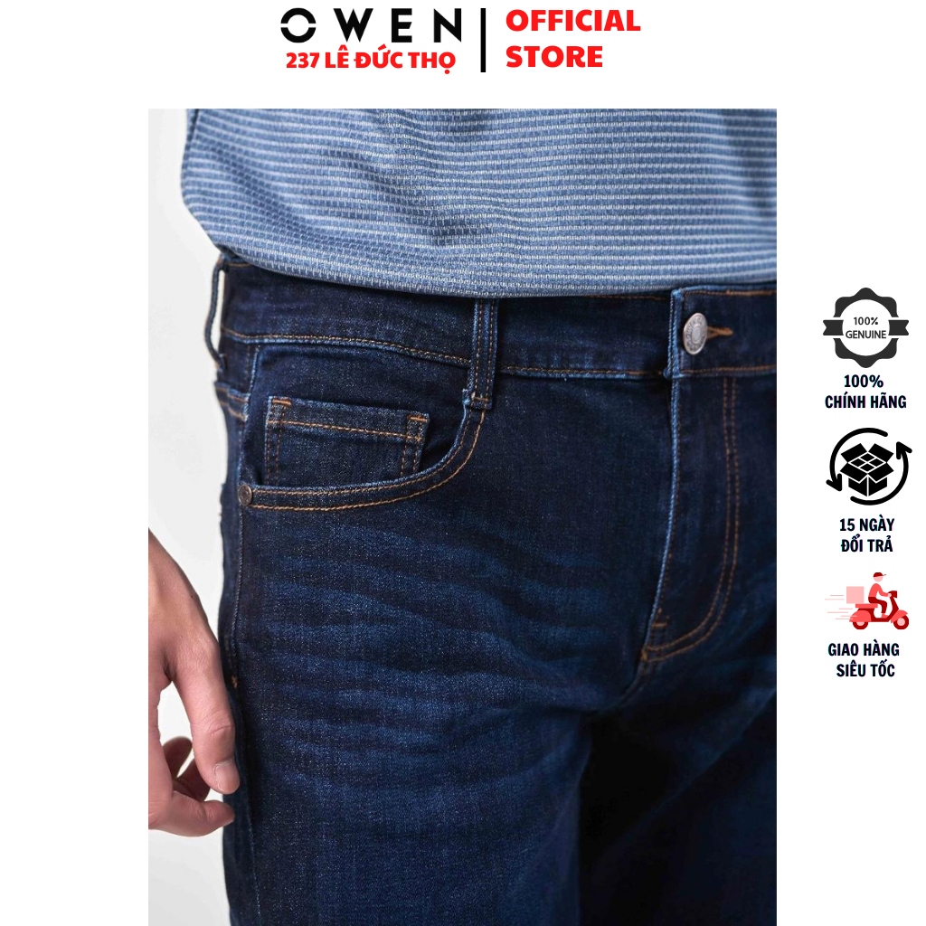 Quần jean nam hàng hiệu Owen QJS230147 dáng slim fit ống côn màu xanh đậm trơn vải bò denim cotton cao cấp bền đàn hồi