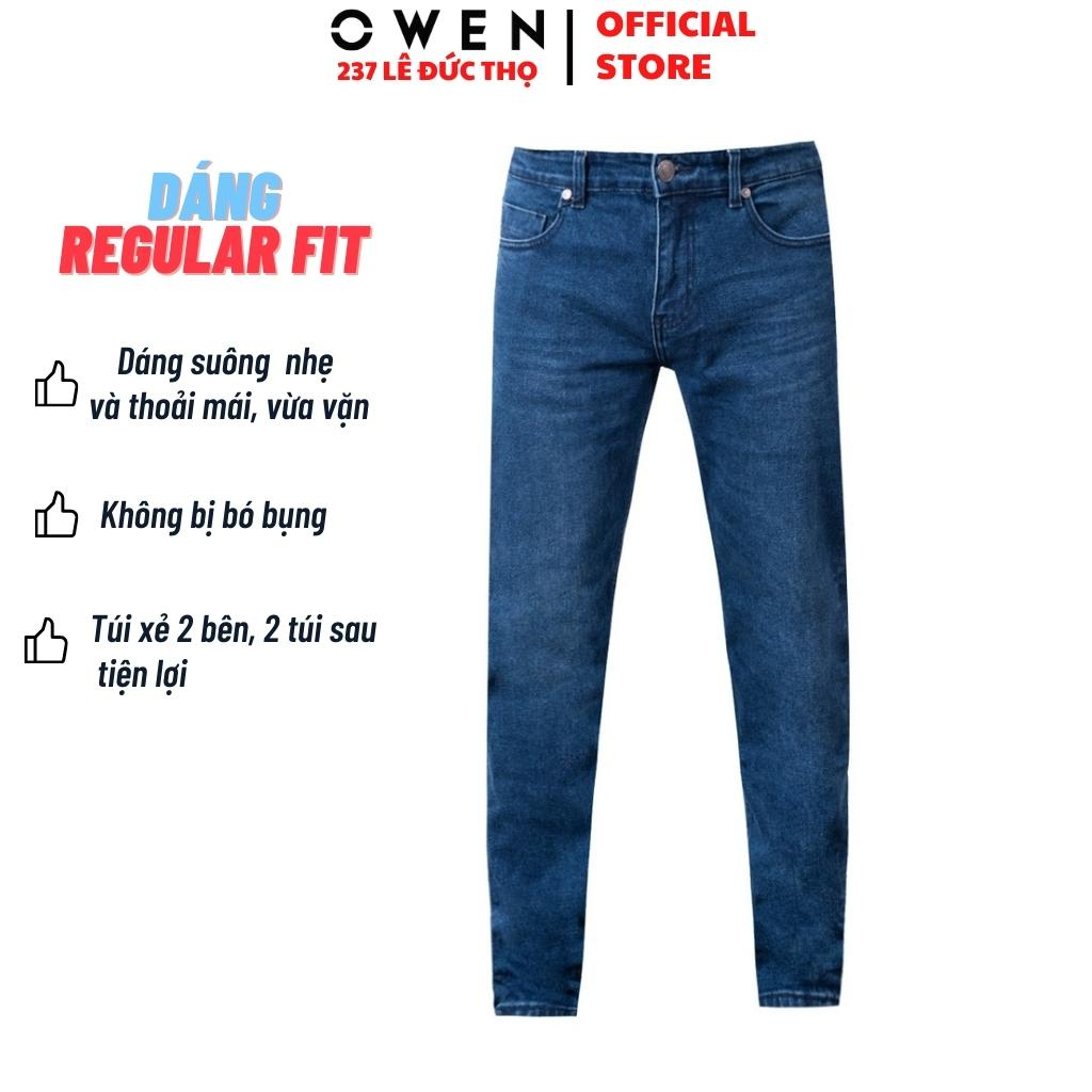 Quần jean nam cao cấp chính hãng Owen QJSL221490 màu xanh trung vải bò denim cotton bền đàn hồi tốt dáng slim fit ống cô