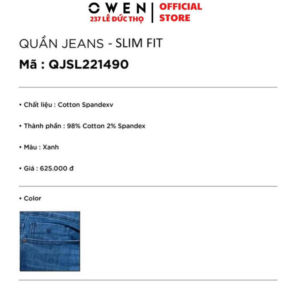 Quần jean nam cao cấp chính hãng Owen QJSL221490 màu xanh trung vải bò denim cotton bền đàn hồi tốt dáng slim fit ống cô