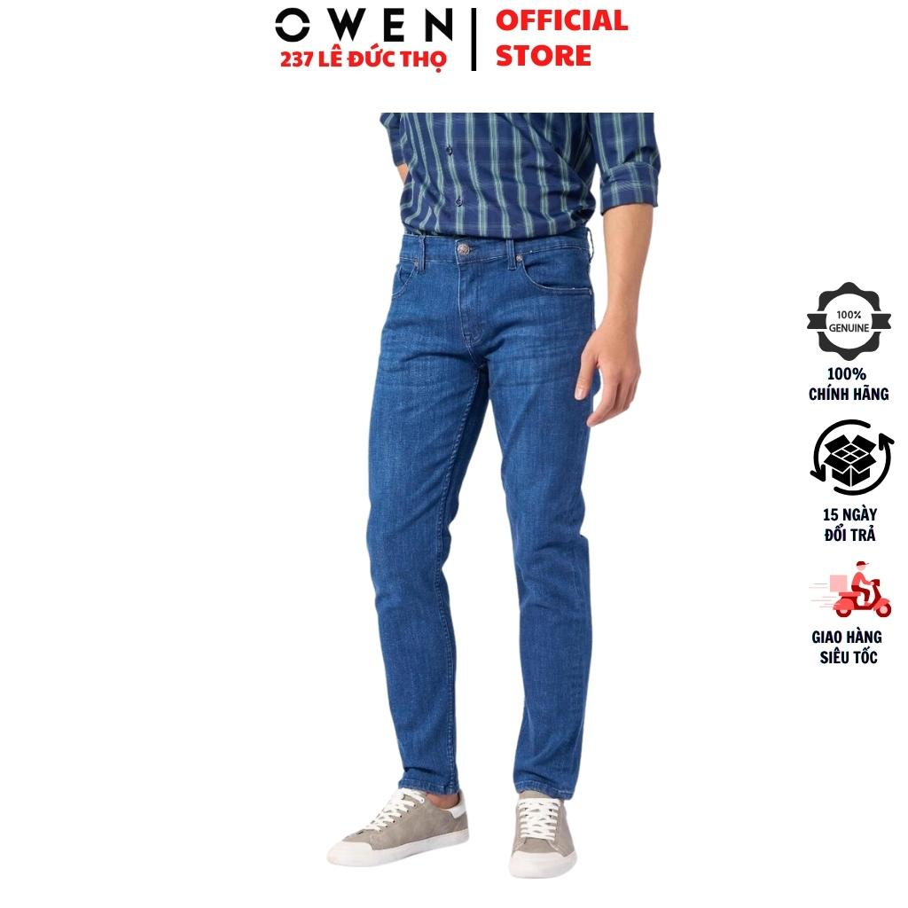 Quần jean nam cao cấp chính hãng Owen QJSL221490 màu xanh trung vải bò denim cotton bền đàn hồi tốt dáng slim fit ống cô