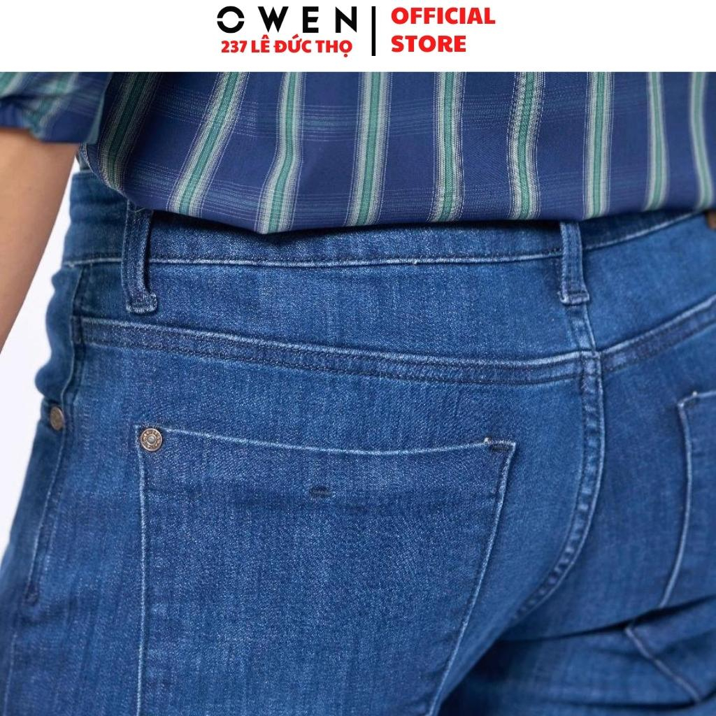 Quần jean nam cao cấp chính hãng Owen QJSL221490 màu xanh trung vải bò denim cotton bền đàn hồi tốt dáng slim fit ống cô
