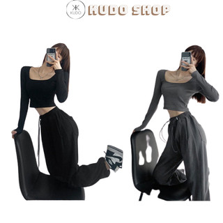 Áo thun nữ dáng croptop, Áo thun nữ cotton co dãn basic dài tay cổ vuông 3 màu Đen, Ghi, Trắng siêu xinh Kudoshop