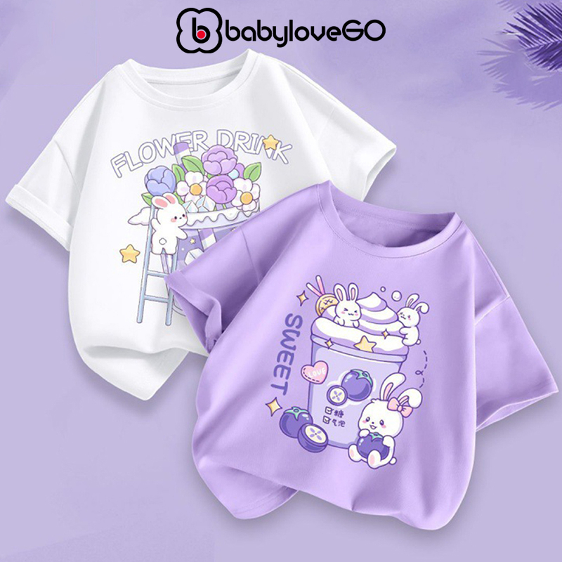 Áo thun bé gái BabyloveGO mẫu mới 2024 áo phông ngắn tay in hoạt hình cute cho bé