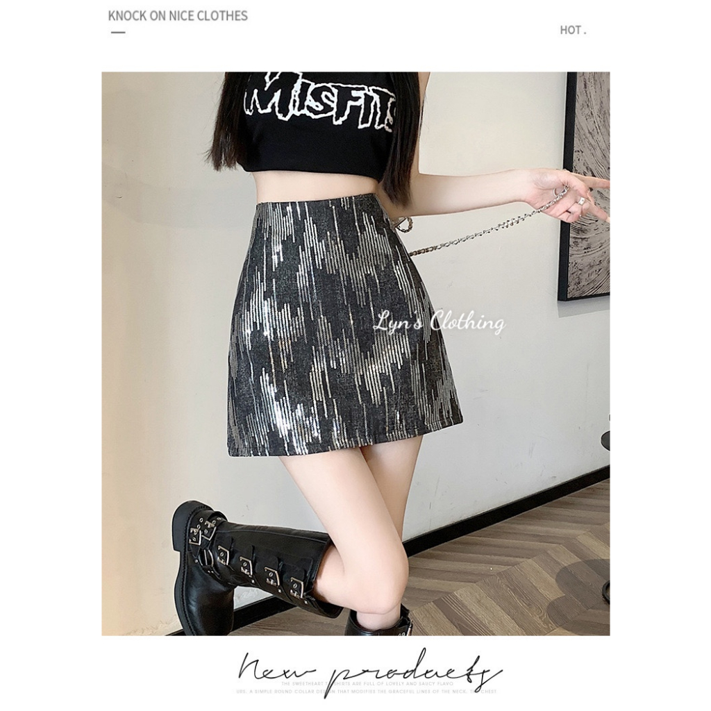 Chân váy chữ A họa tiết phối nhũ kimsa thời trang phong cách Ulzzang Hàn Quốc