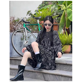 Đầm - Váy babydoll hoa nhí đen cổ V dài tay vintage