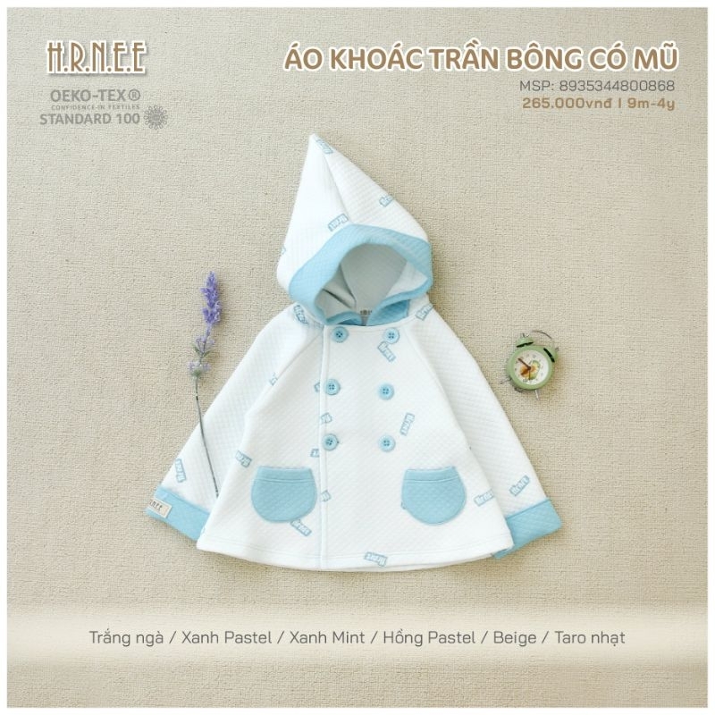 Áo khoác Hrnee trần bông có mũ cho bé trai, bé gái