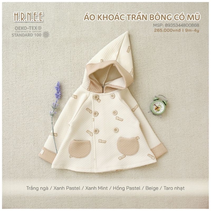 Áo khoác Hrnee trần bông có mũ cho bé trai, bé gái