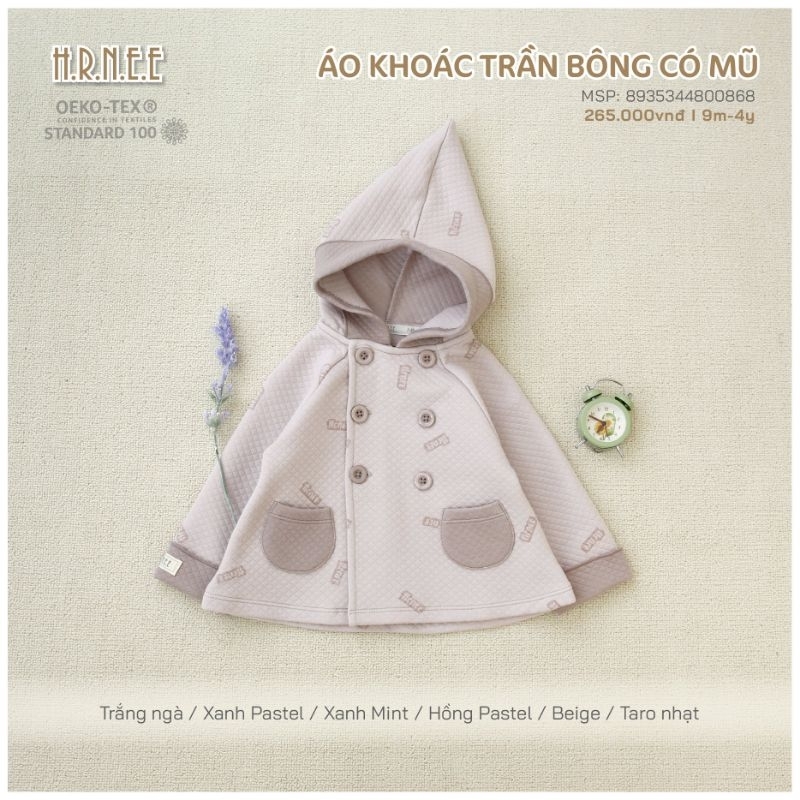 Áo khoác Hrnee trần bông có mũ cho bé trai, bé gái