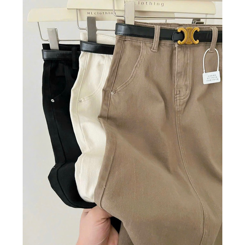 Chân váy kaki kèm belt da