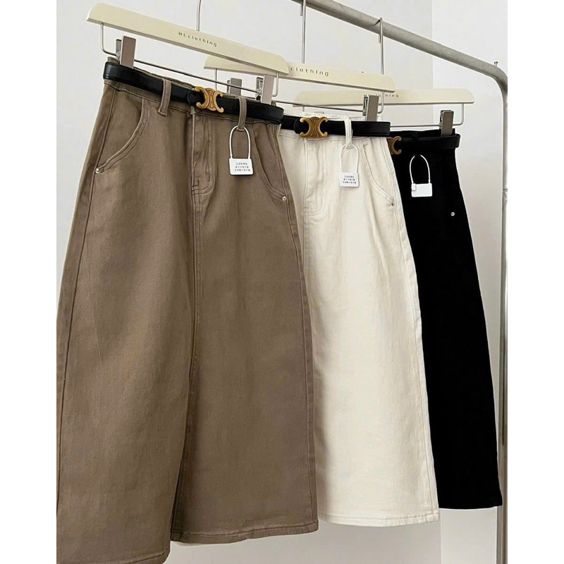 Chân váy kaki kèm belt da