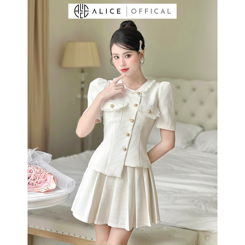 Set Váy Dạ Cao Cấp ALICE Thiết Kế Áo Lệch Vạt Kèm Chân Váy Xòe Xếp Ly, Tay Bồng, Cổ Áo Tua Rua Cách Điệu S359