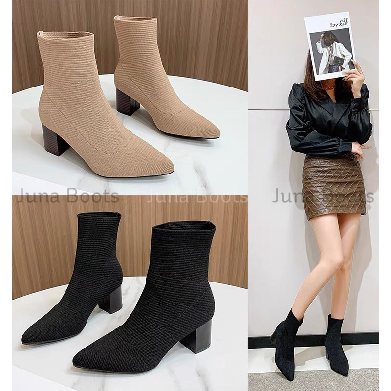 Boots len ôm cổ chân gót trụ cổ ngắn, Bốt nữ thời trang Hottrend 2023