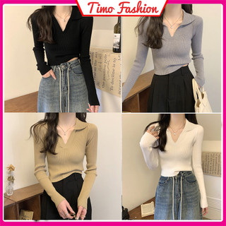 Áo thun nữ, áo croptop dài tay cổ polo basic chất liệu gân đũa dày dặn tôn dáng TIMO, CTR527
