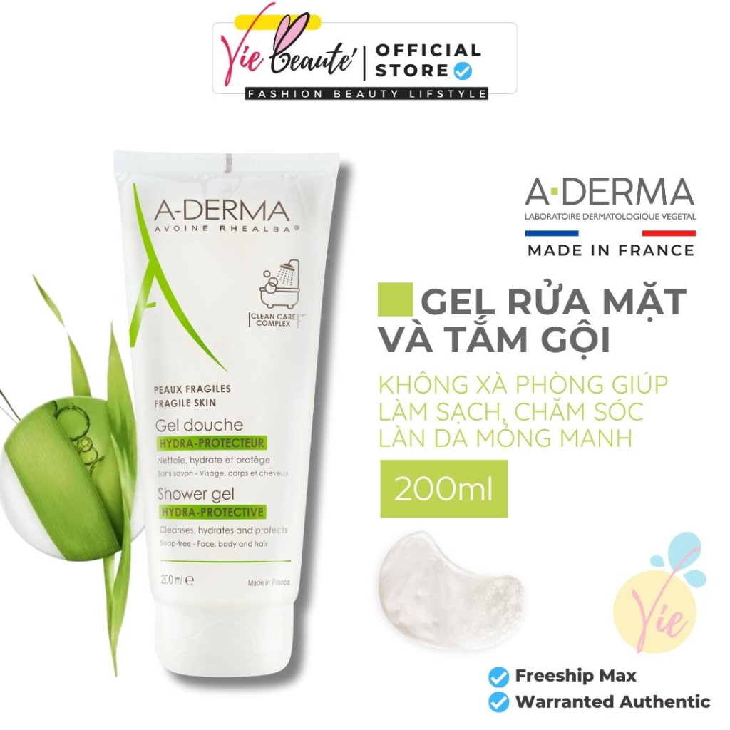 Sữa Tắm dịu nhẹ giảm mụn lưng Aderma 2 Trong 1 Không Xà Phòng, Aderma Gel Douche Hydra-Protective Shower Gel 200ml