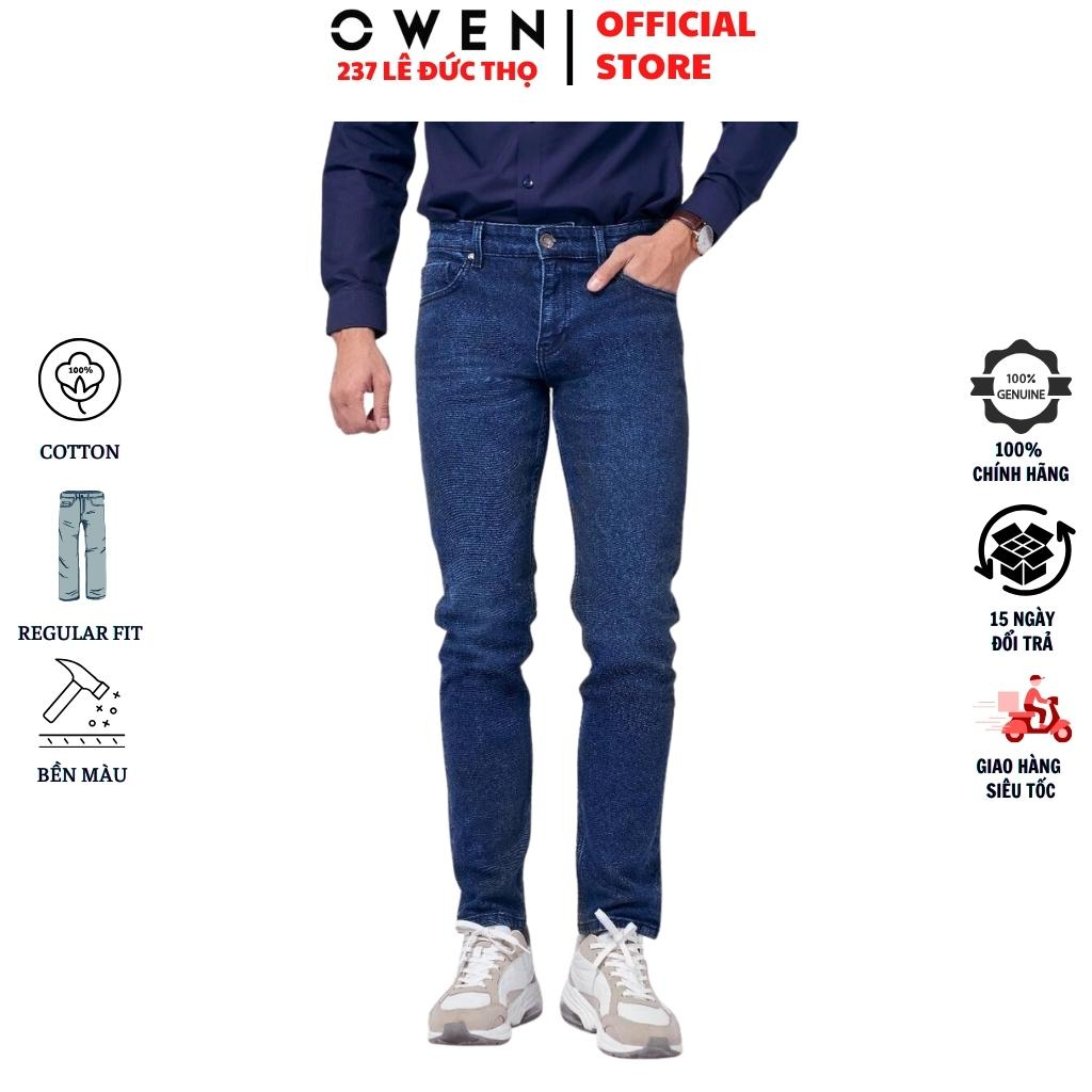 Quần jean nam cao cấp chính hãng Owen QJSL221492 màu xanh đậm vải bò denim cotton bền đàn hồi tốt dáng slim fit ống côn