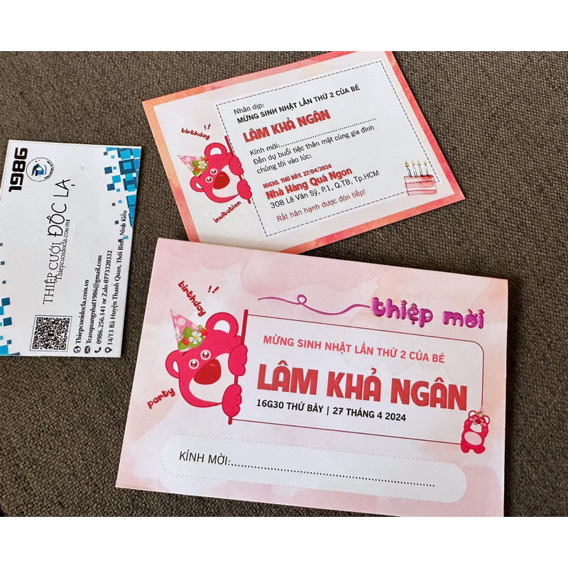 Thiệp Thôi nôi, Sinh nhật, Đầy tháng gấu hồng Lotso