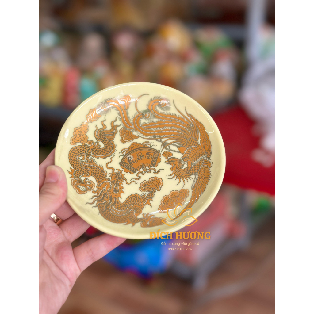 Đĩa Sứ Thờ Vàng Kim, Đĩa Đựng Cau Trầu Loại Đẹp Họa Tiết Rồng Phượng Gốm Bát Tràng Cao Cấp