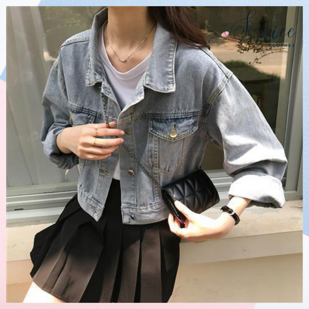 Áo khoác bò nữ jean denim jacket croptop dày dặn có túi màu wax hàng Quảng Châu cao cấp freesize dưới 62kg SanieeClothes