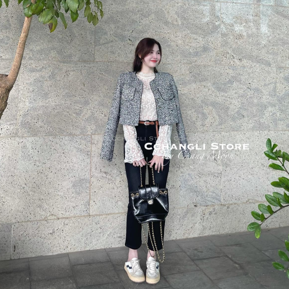 Áo khoác dạ tweed nhũ xám lấp lánh cổ tròn chạy viền đen đóng nút có túi xinh xắn 2 lớp xịn xò nhẹ nhàng sang chảnh